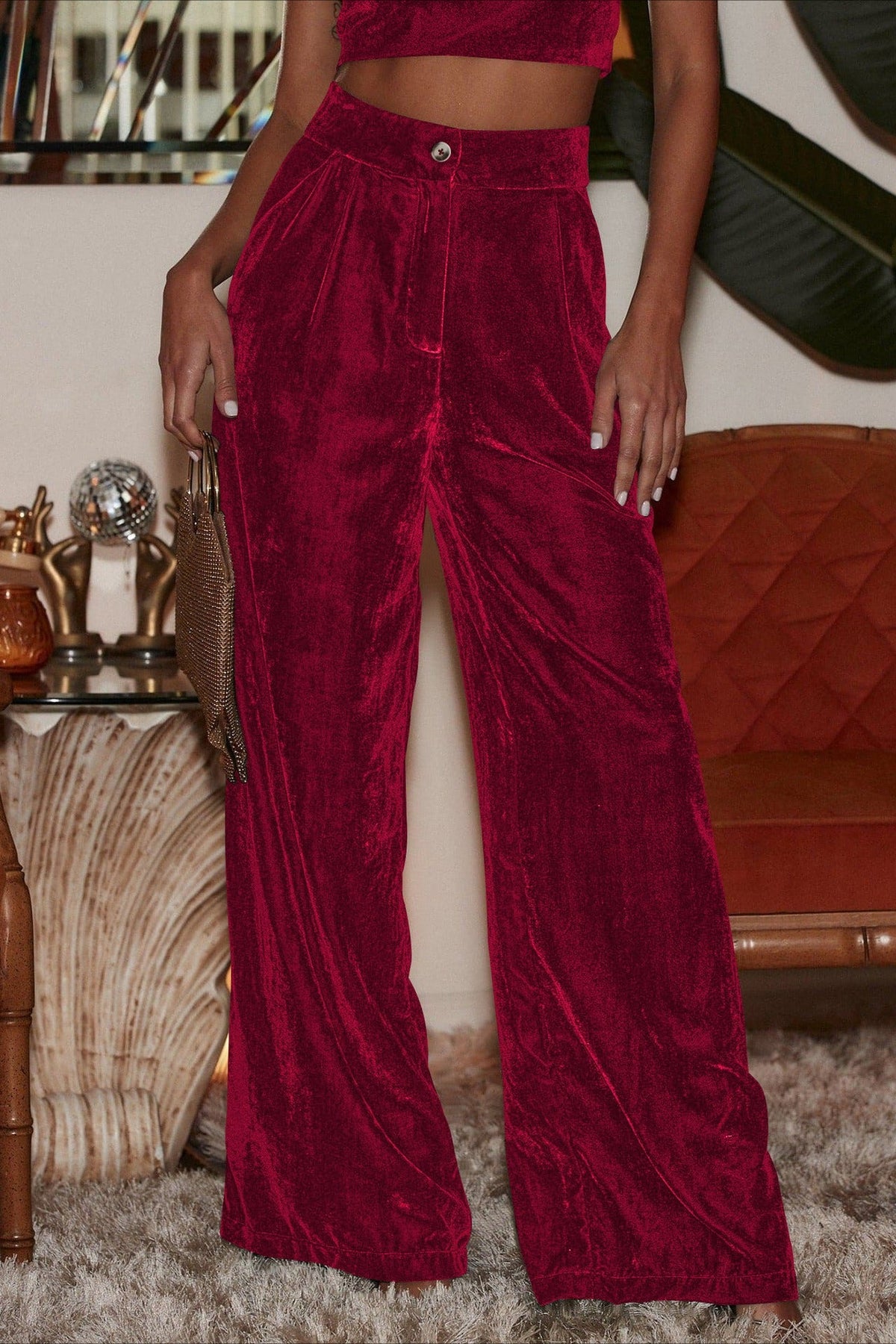 Suede Relaxed Button Straight Wide Leg Pants
