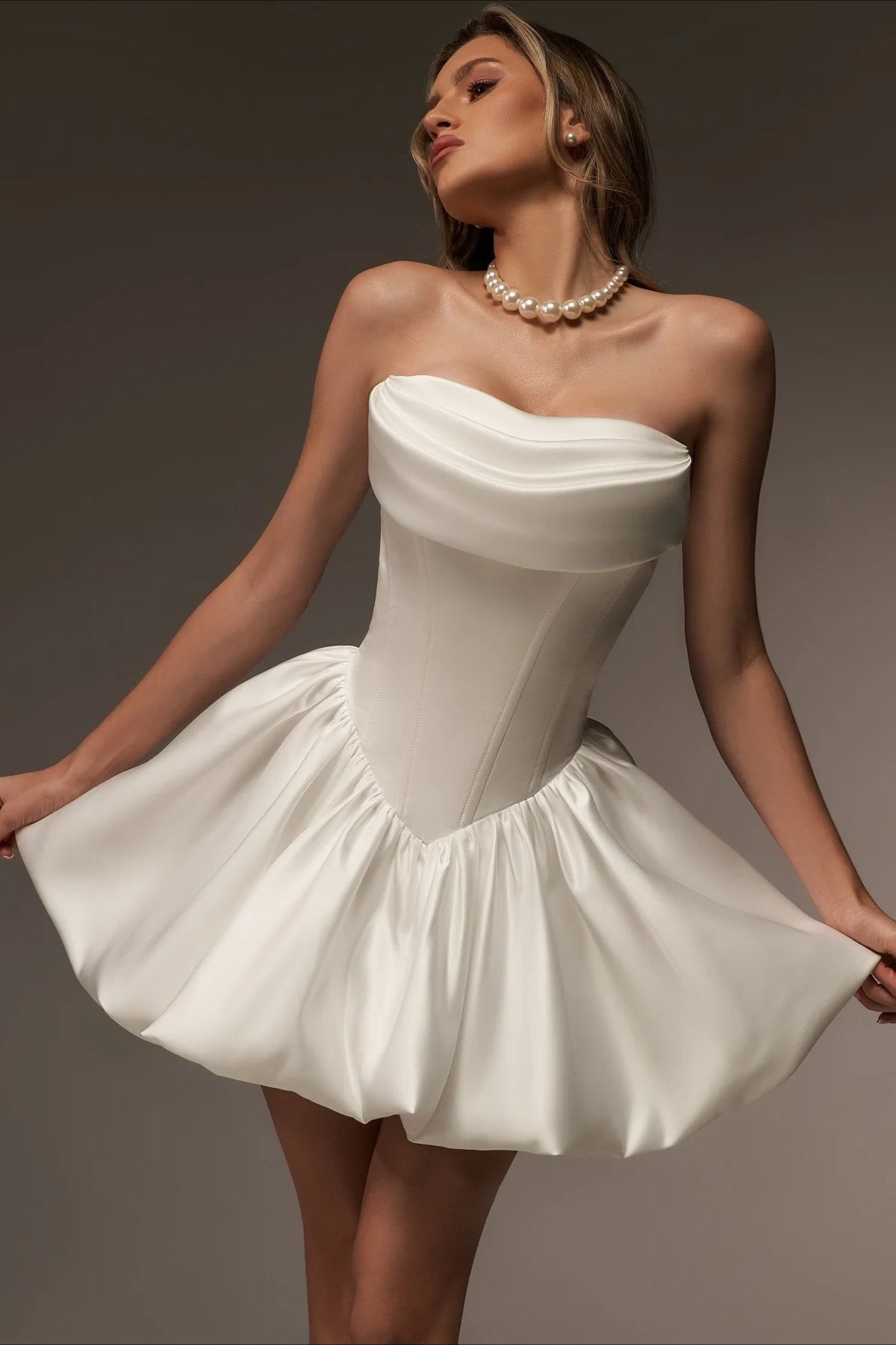Bandeau Ruched Satin Bud Reception Dress