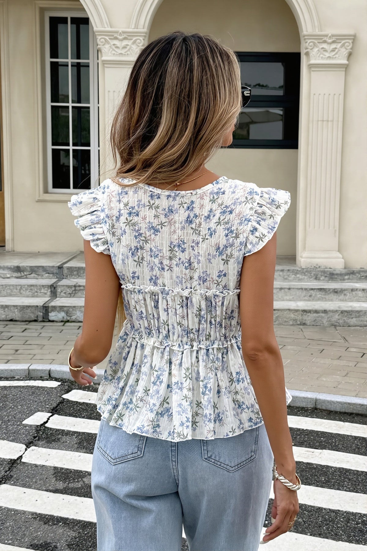 Floral Tie Front Ruffle Peplum Blouse
