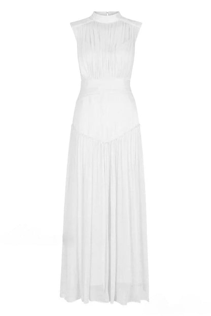 Sleeveless Mock Neck Pleated Waistband Chiffon Maxi Dress