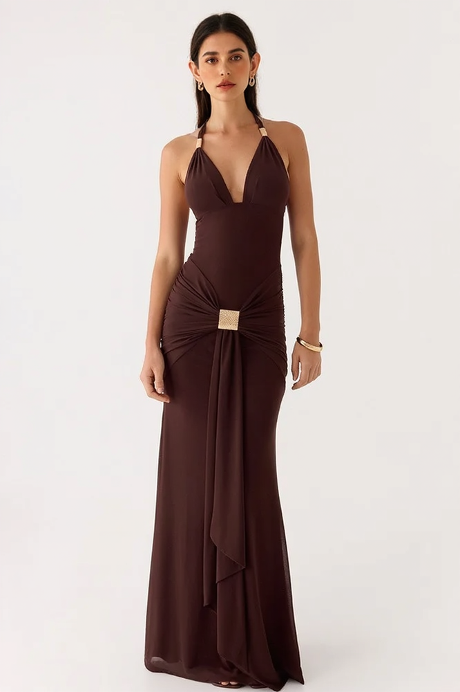 Hardware Halter Plunging V Buckle Accent Bodycon Maxi Dress