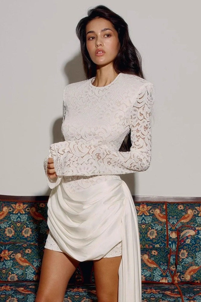 Long Sleeve High Waist Tie Backless Bodycon Lace Dress