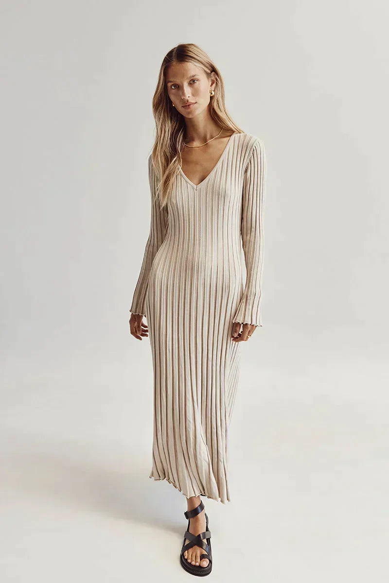 Rib Knit V-Neck Bell Sleeve Lettuce Hem Maxi Dress