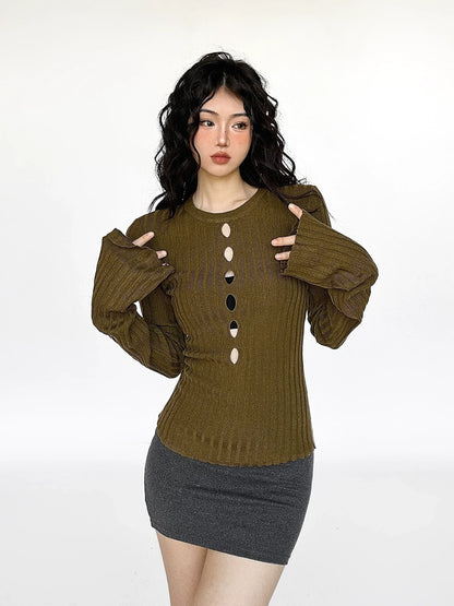 Cutout Ribbed Bell Sleeve Top