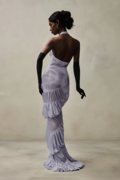 Halter Plunging V Spiral Ruffle Maxi Dress with Gloves