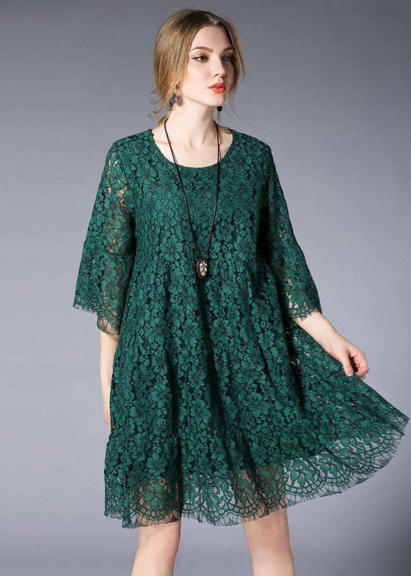 Round Neck Three Quarter Bell Sleeve Eyelash Lace Tiered Babydoll Mini Dress