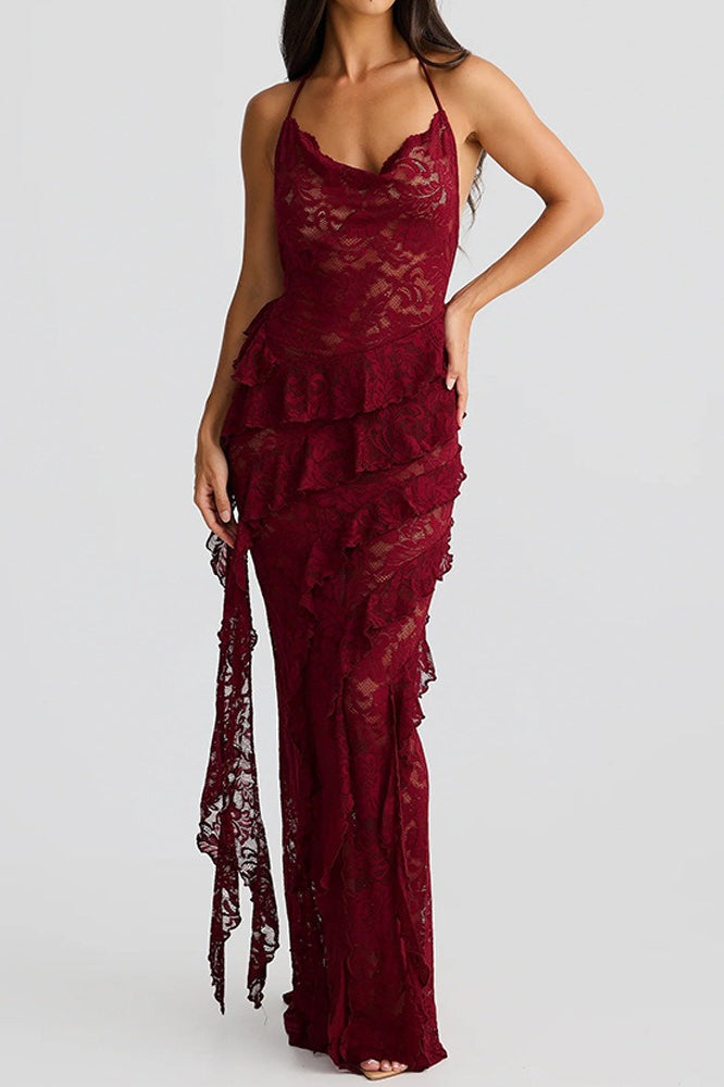 Cowl Halter Lace Cascade Ruffle Maxi Dress