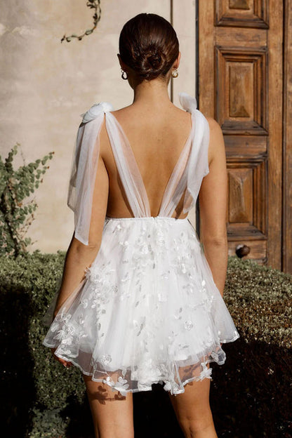 Deep V Tie Shoulder Tulle Floral Applique Babydoll Mini Dress