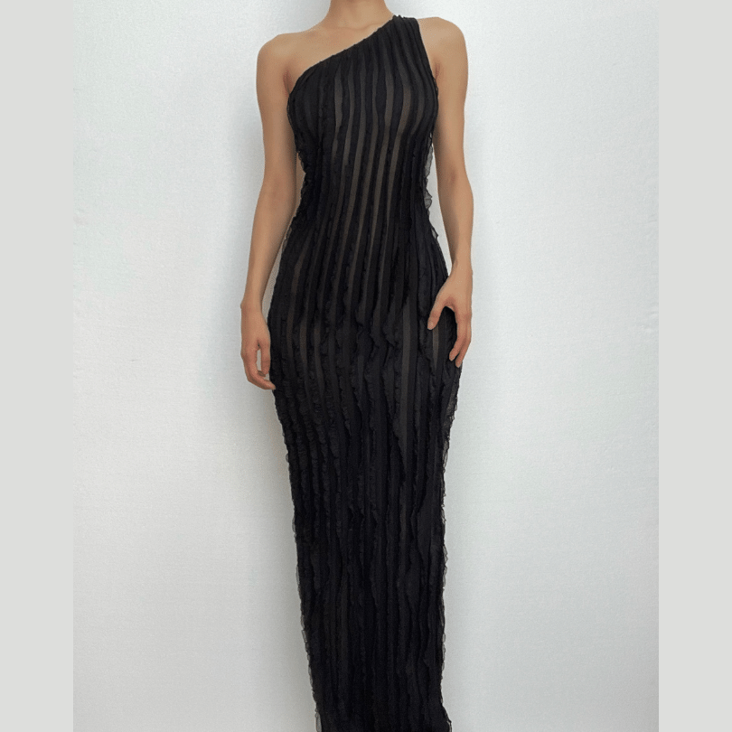 One Shoulder Vertical Ruffle Lettuce Edge Sheer Bodycon Dress