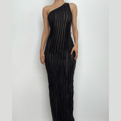 One Shoulder Vertical Ruffle Lettuce Edge Sheer Bodycon Dress