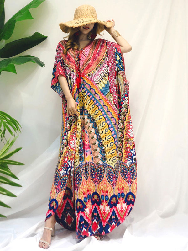 Deep V Neck Tassel Tie Ethnic Print Kimono Sleeve Side Slit Caftan Maxi Dress