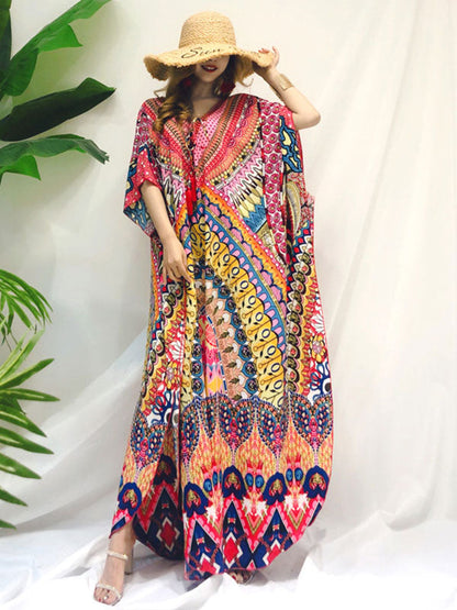 Deep V Neck Tassel Tie Ethnic Print Kimono Sleeve Side Slit Caftan Maxi Dress