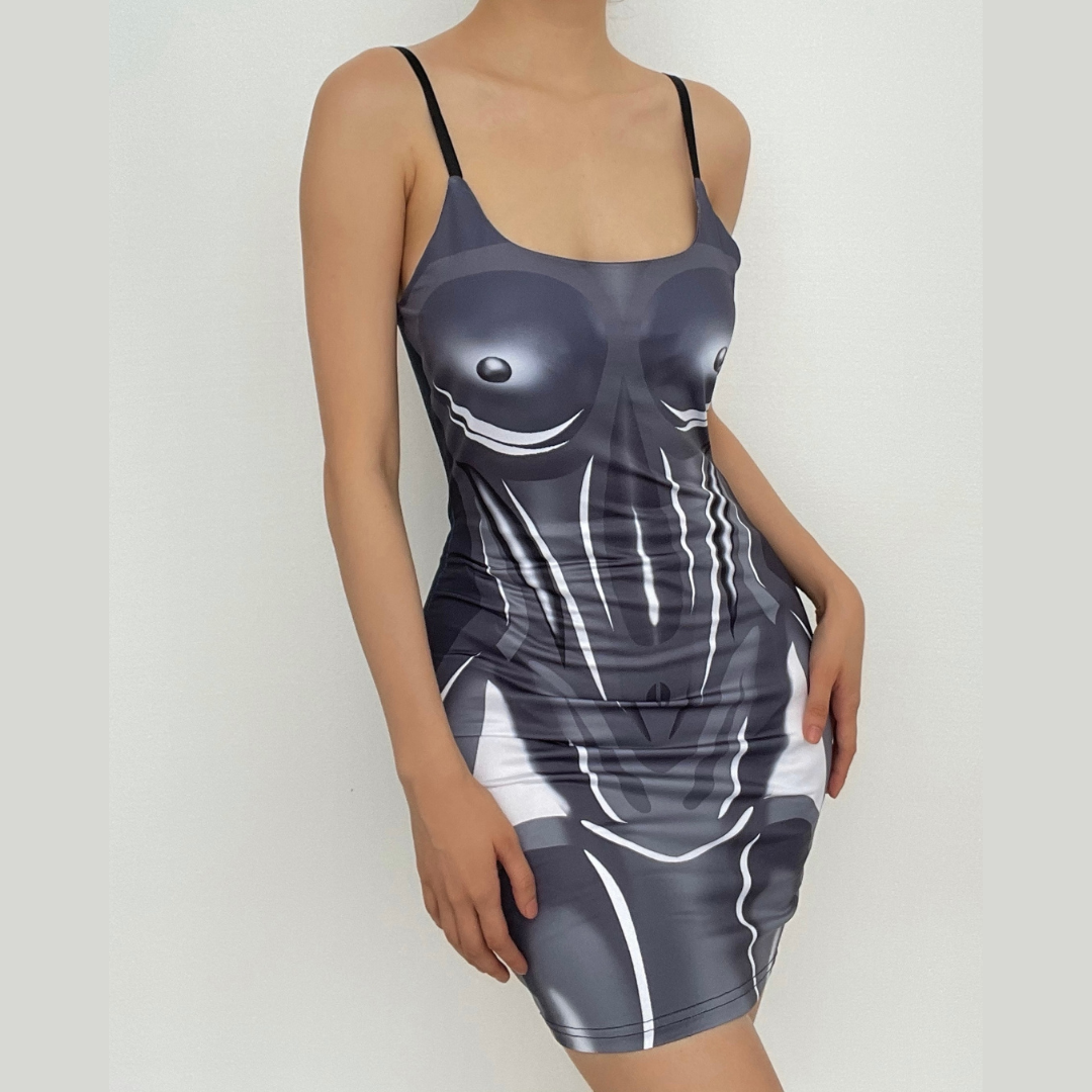Scoop Neck Spaghetti Strap Cyborg Body Graphic Bodycon Mini Dress
