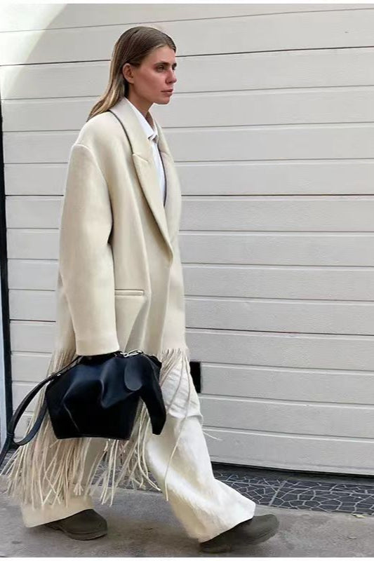 Solid Color Fringe Long Blazer Coat