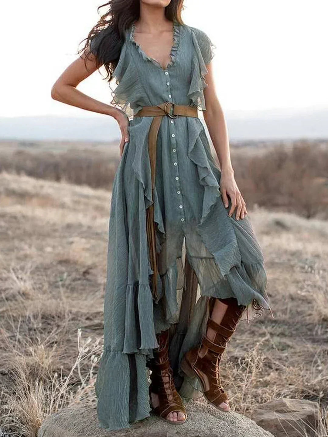 V Neck Ruffle Trim Button Front Fringe Belt Tiered Maxi Dress