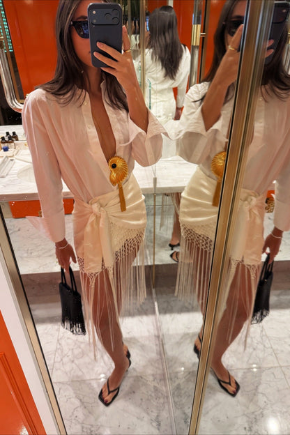 Tied Fringe Mesh Wrap Skirt