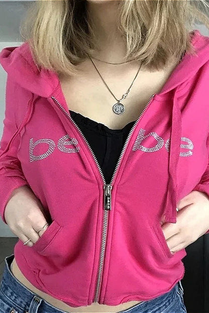 Y2K Retro Bebe Print Pink Rhinestone Hoodie