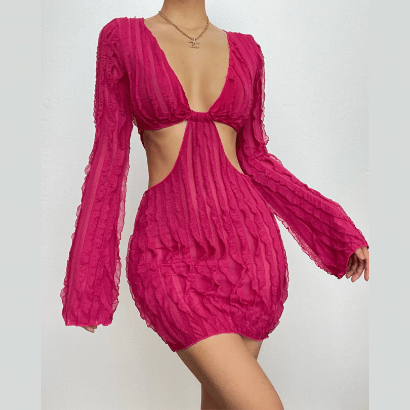 V Neck Ruffle Bell Sleeve Waist Cutout Mini Dress
