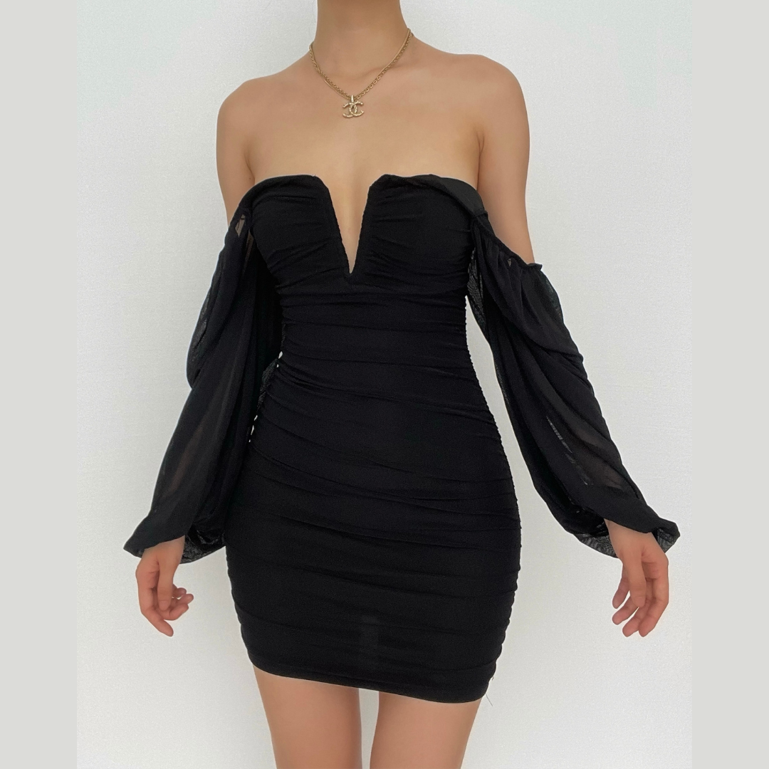 Strapless V-Notch Off Shoulder Puff Sleeve Ruched Mesh Mini Dress