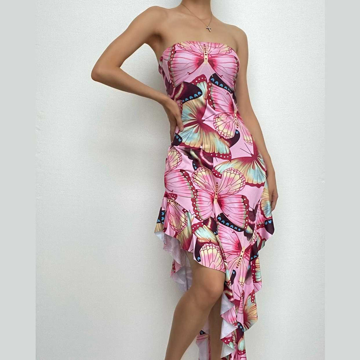 Butterfly Print Strapless Irregular Ruffle Backless Maxi Dress