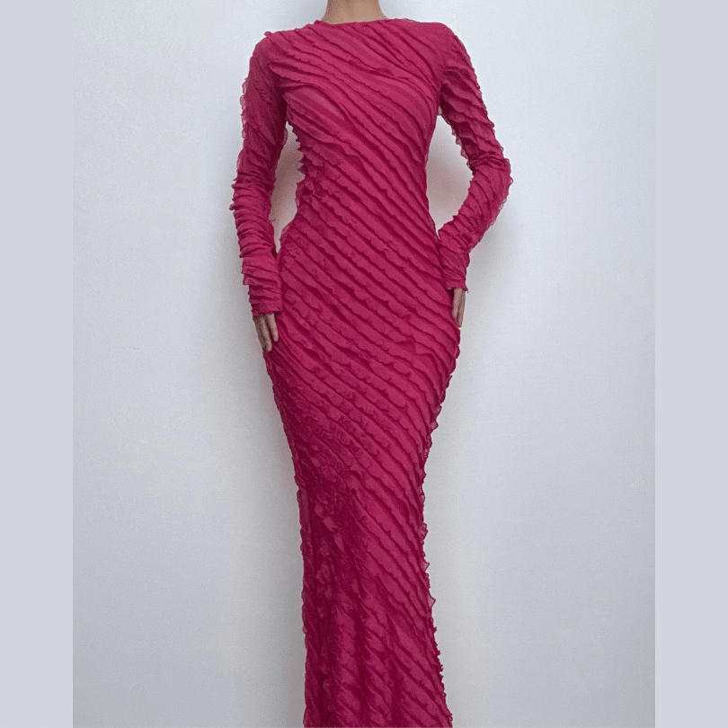 Crew Neck Long Sleeve Diagonal Ruffle Trim Bodycon Maxi Dress
