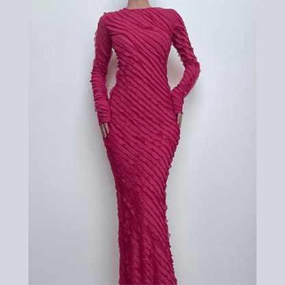 Crew Neck Long Sleeve Diagonal Ruffle Trim Bodycon Maxi Dress