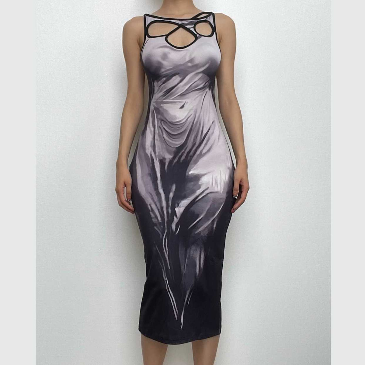 Cutout Collar Trompe Loeil Draped Print Sleeveless Bodycon Midi Dress