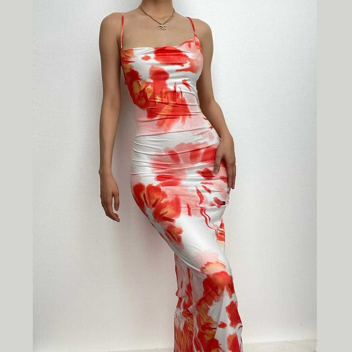 Square Neck Spaghetti Strap Side Ruched Abstract Floral Satin Maxi Dress