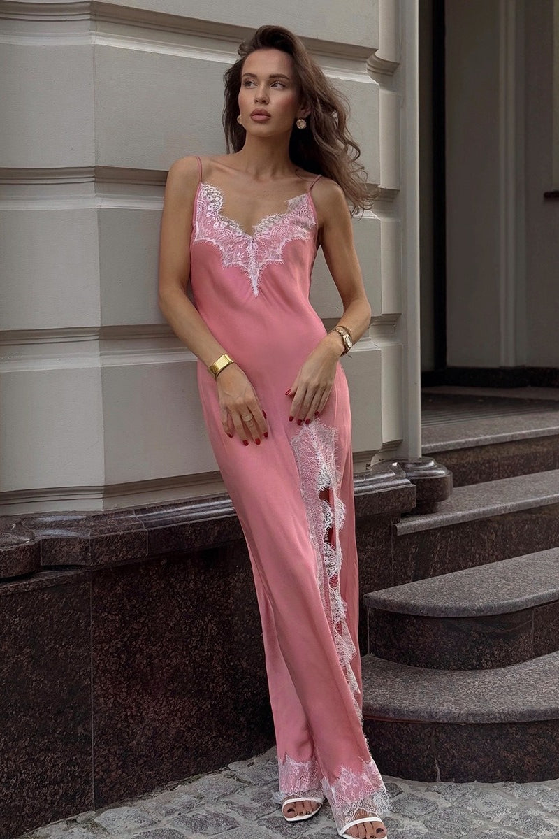 Satin Spaghetti Strap Split Lace Dress