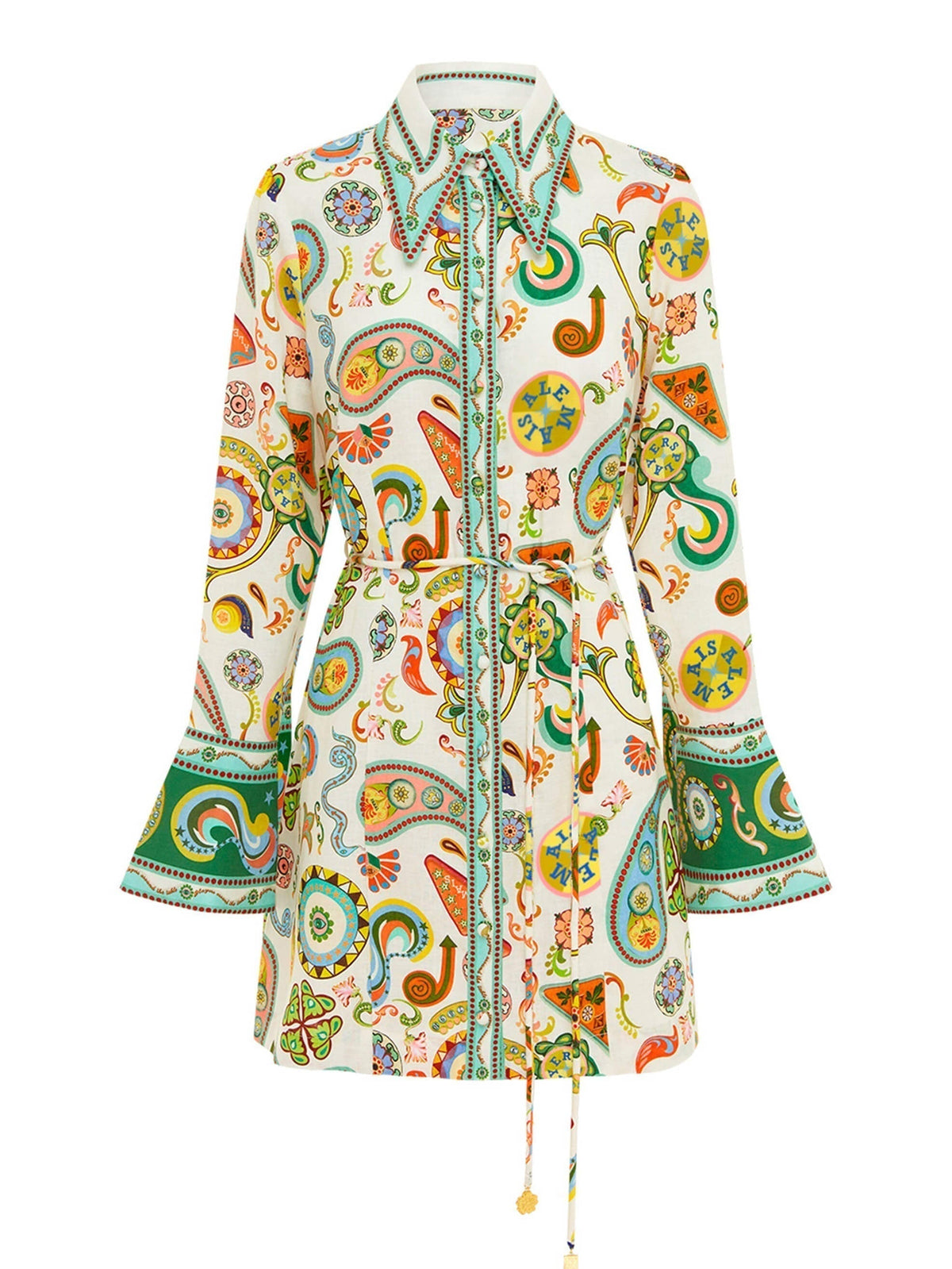 Paisley Print Belted Flared Cuff Long Sleeve Shirt Mini Dress