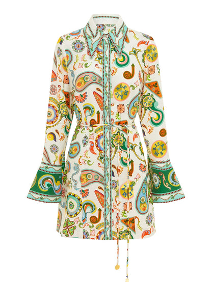 Paisley Print Belted Flared Cuff Long Sleeve Shirt Mini Dress