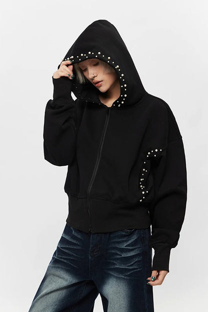 Pearl Zip-Up Loose Hoodie
