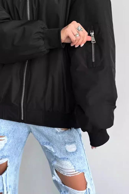 Loose Zip-up Bomber Cotton Jacket