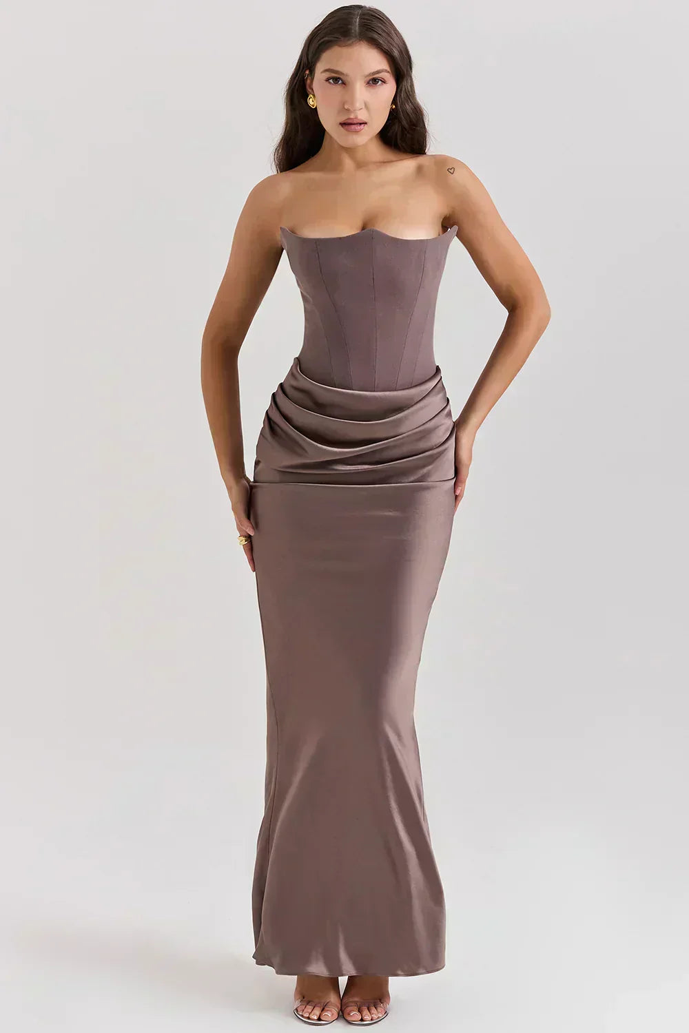 Strapless Pointed Neckline Hip Ruched Column Maxi Gown
