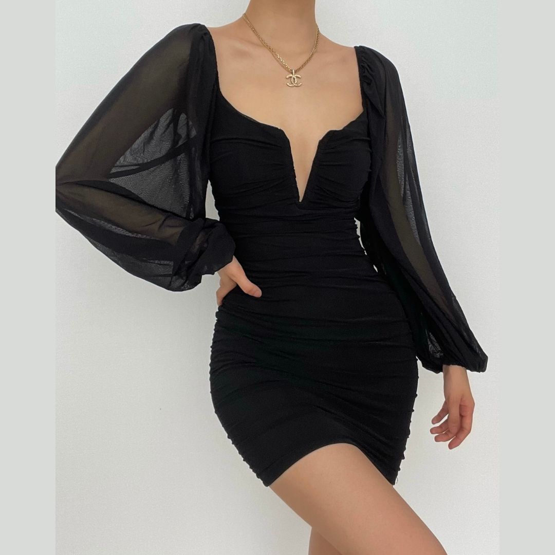 Strapless V-Notch Off Shoulder Puff Sleeve Ruched Mesh Mini Dress