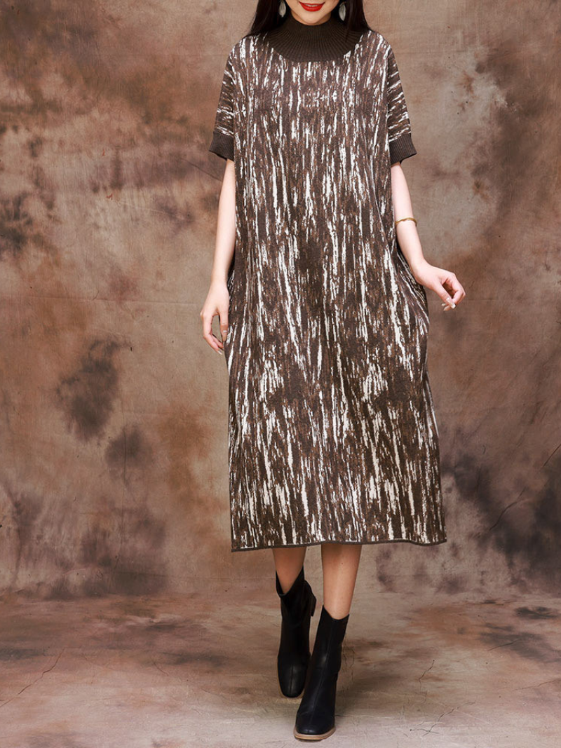 Half Collar Camouflage Rib Knit Midi Dress