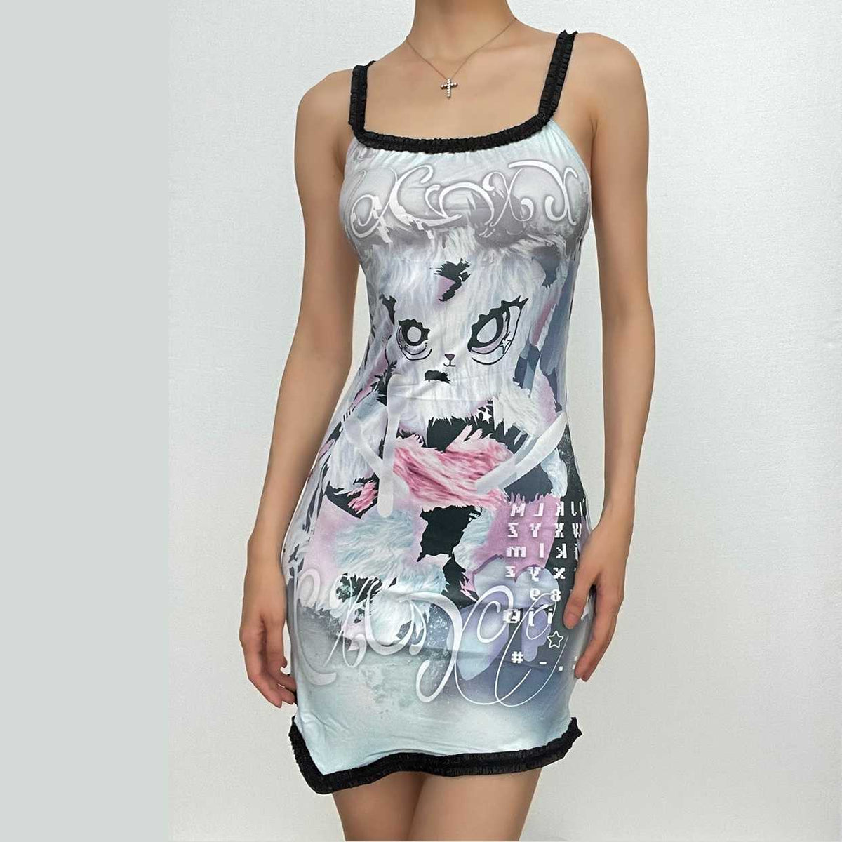Cat Graphic Print Contrast Ruffle Trim Cami Mini Dress