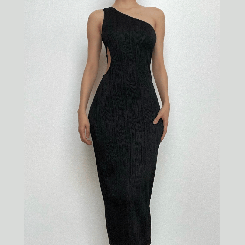 One Shoulder Crinkle Texture Side Cutout Bodycon Maxi Dress