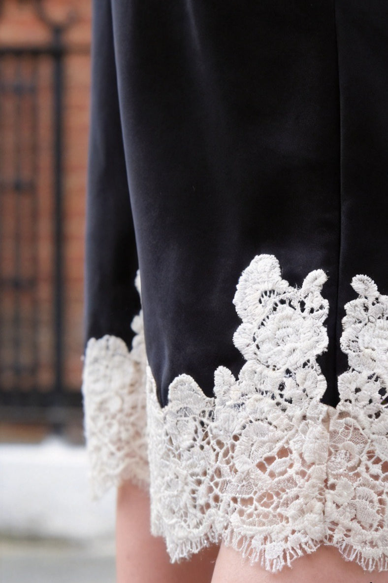 Lace Trim Satin Midi Skirt