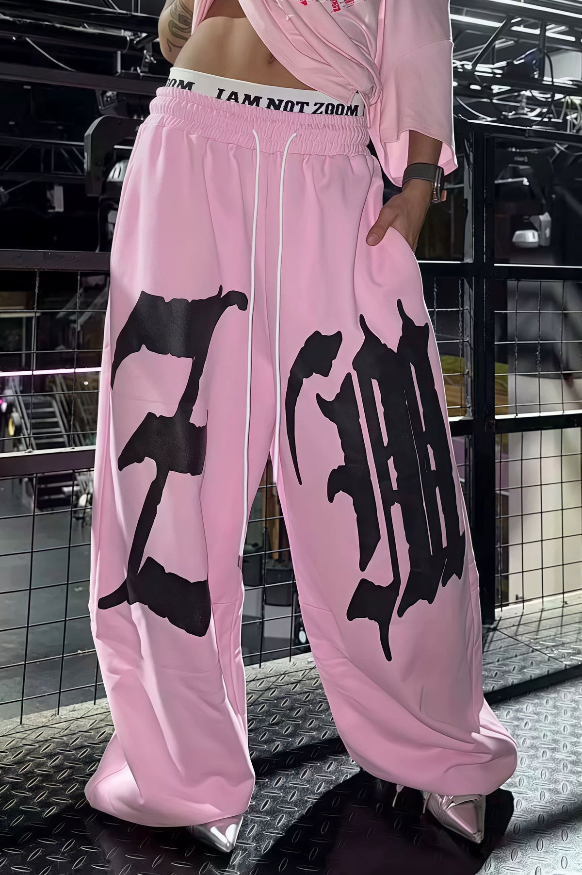 Drapey Letter Graphic Drawcord Curved Sweat Pants