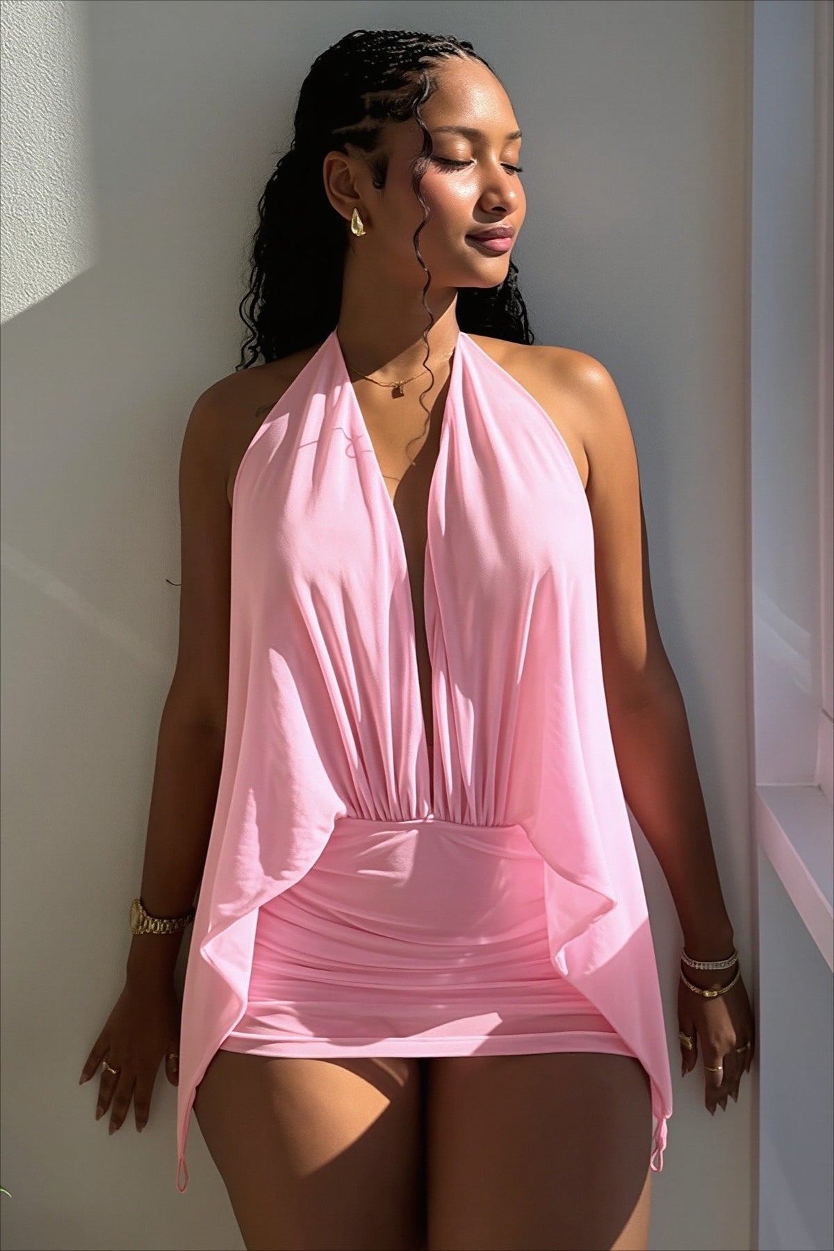Plunging Halter Draped Cape Bodice Ruched Bodycon Mini Dress