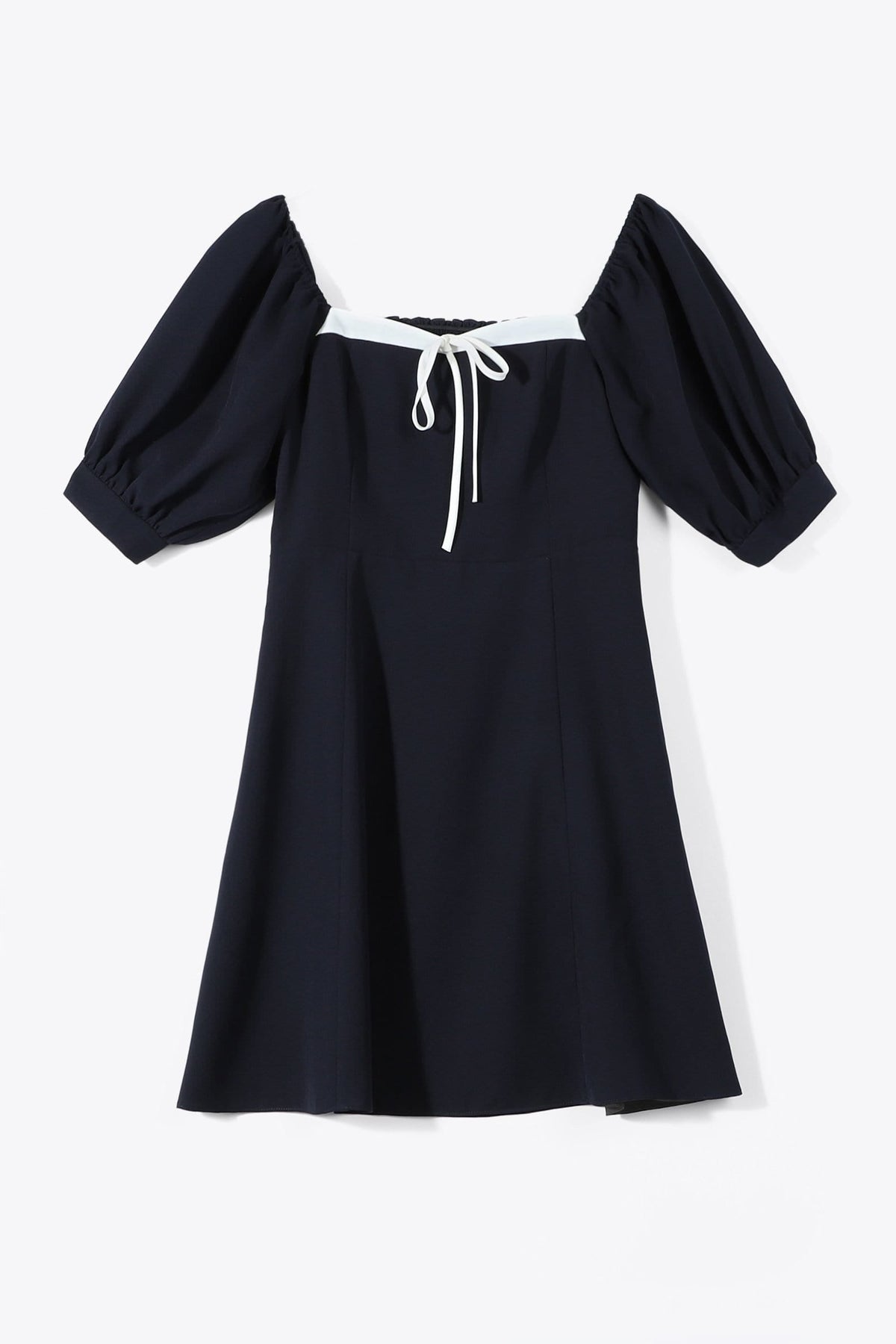 Square Neck Puff Sleeve Contrast Trim Tie Front A-Line Mini Dress