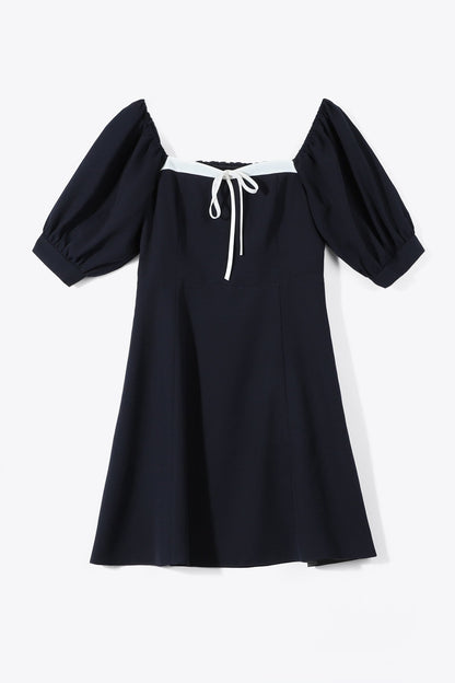 Square Neck Puff Sleeve Contrast Trim Tie Front A-Line Mini Dress