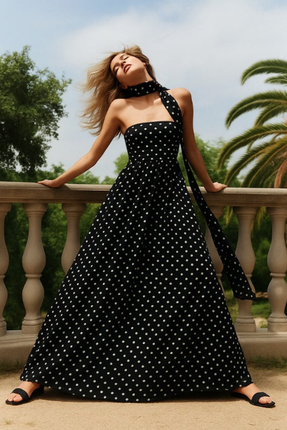 Black Polka Dot Off Shoulder Cami Tie Maxi Dress