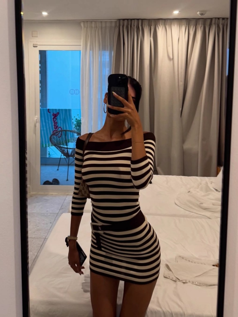Off Shoulder Horizontal Stripe Belt Detail Bodycon Mini Dress