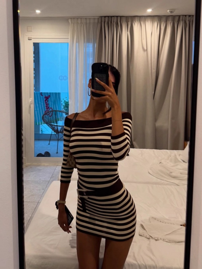 Off Shoulder Horizontal Stripe Belt Detail Bodycon Mini Dress