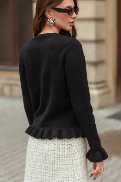 Crew Neck Layered Trim Long Sleeve Casual Knit Cardigan