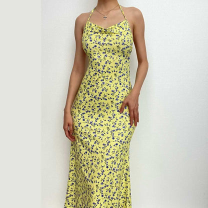 Halter Cowl Neck Ditsy Floral Print Bodycon Maxi Dress
