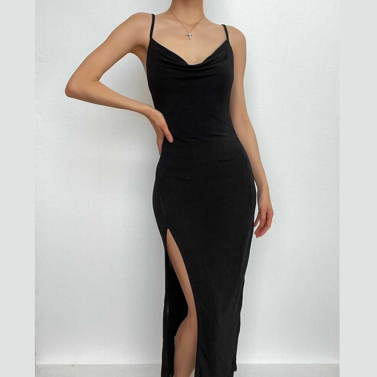 Cowl Neck Spaghetti Strap Ruched Waist High Slit Bodycon Maxi Dress