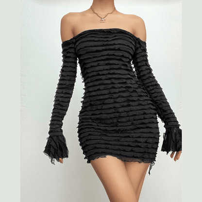 Off-Shoulder Tiered Ruffle Mesh Long Sleeve Bodycon Mini Dress